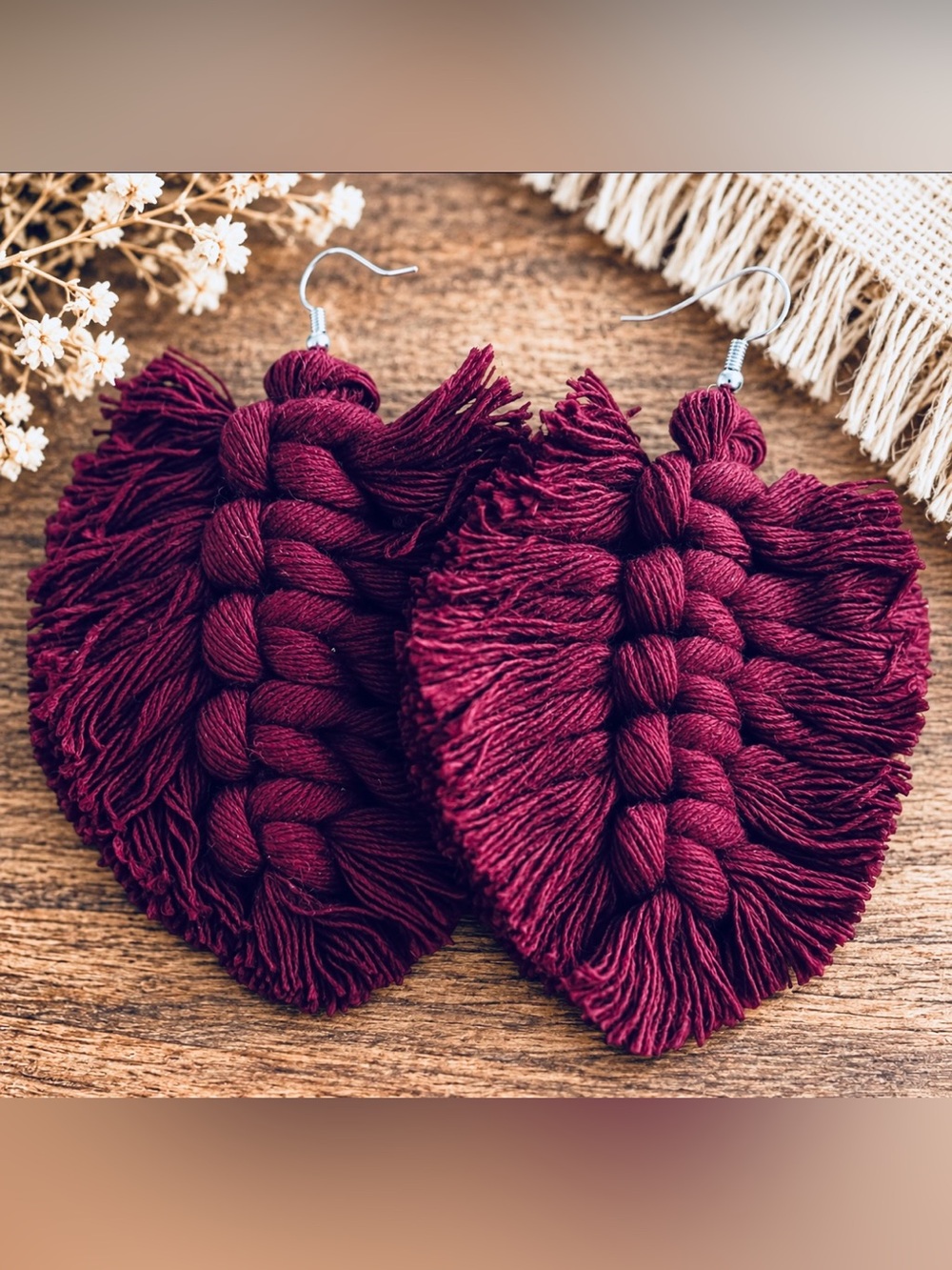 Handmade Burgundy Macrame Fringe Statement Earrings 3”